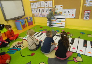 Dziewczynka wskazuje kolejność granych dźwięków na tablicy muzycznej, troje dzieci odtwarzają dźwięki na instrumencie.